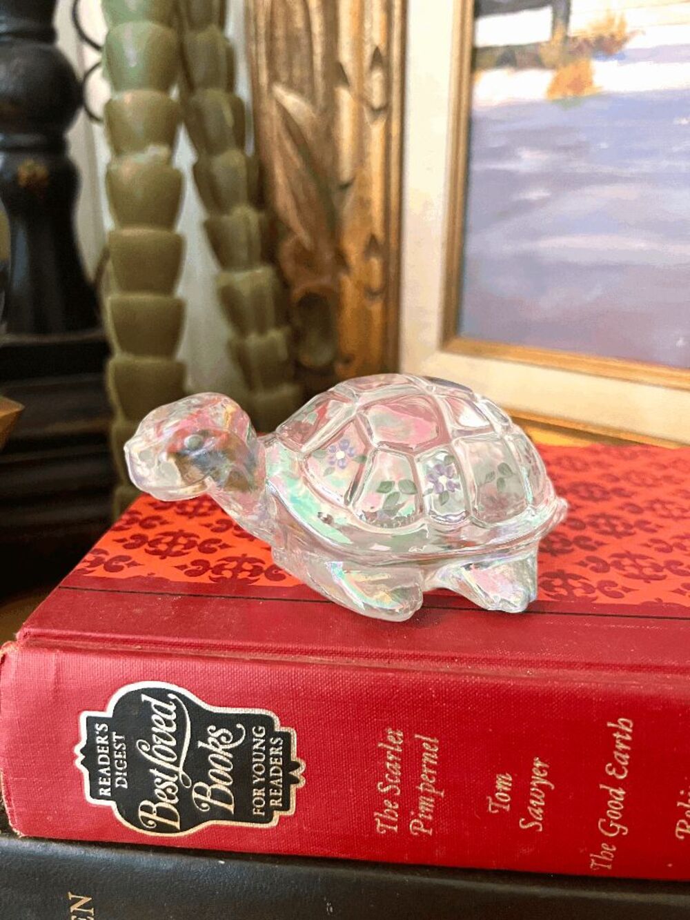 Vintage Fenton Iridescent Crystal Turtle Hand Painted Purple Floral Art Glass Fi